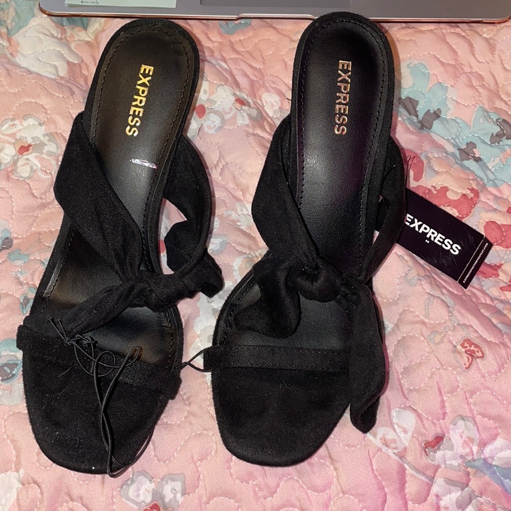 Black ribbon bow mules heels sandals